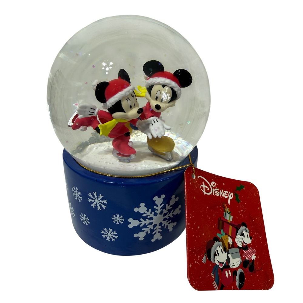 Disney Mickey Minnie Mouse Ice Skating Musical Snow Globe Christmas Snowflake
